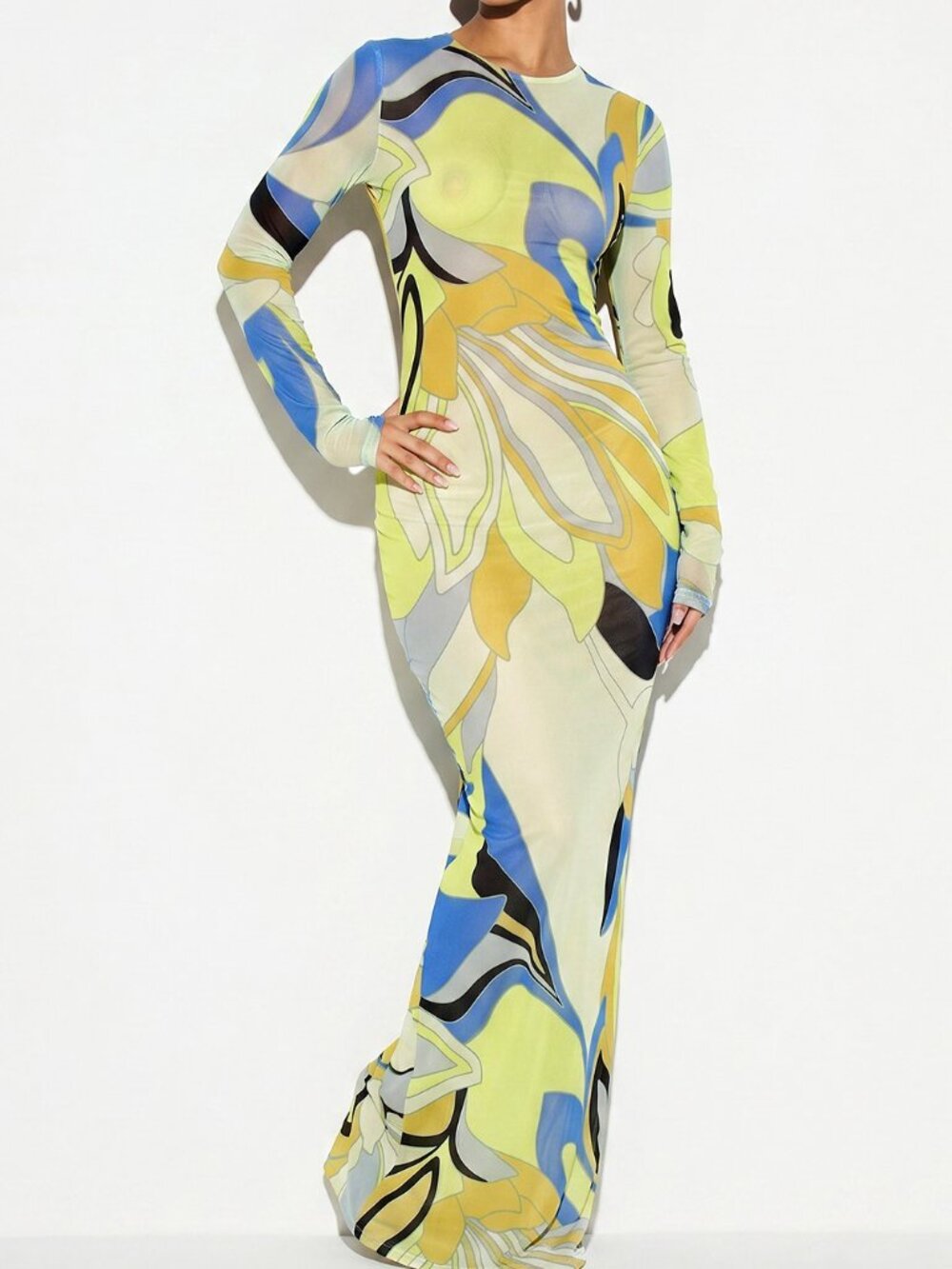 Baby Blue Casual Women's Printed Mesh Sheer Long Sleeve Cover Up Maxi Dress